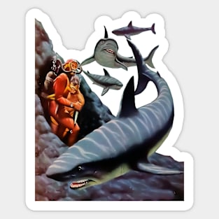 REVISTANGO #34 - Divers in Crimson Suits Trapped Among Predatory Sharks Beneath the Shimmering Surface of the Ocean, Rendered in Luminous Blues and Metallic Highlights from a 1950s Retro Comic of Deep-Sea Adventure Suspense Sticker